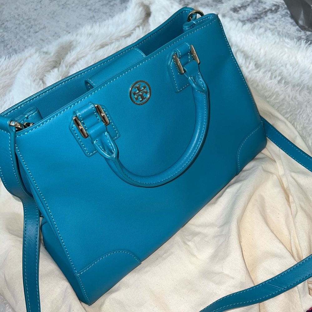 Tory Burch-Bright cerulean crosshatched leather Robinson Triangle Tote in blue